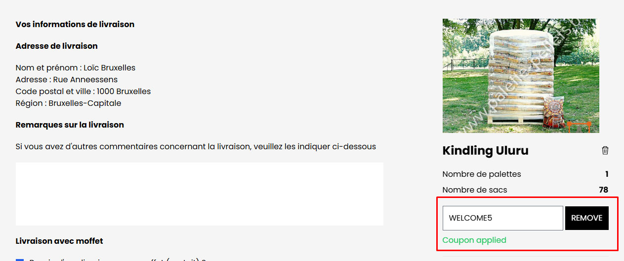 palette pellets commande welcome 5 code rempli
